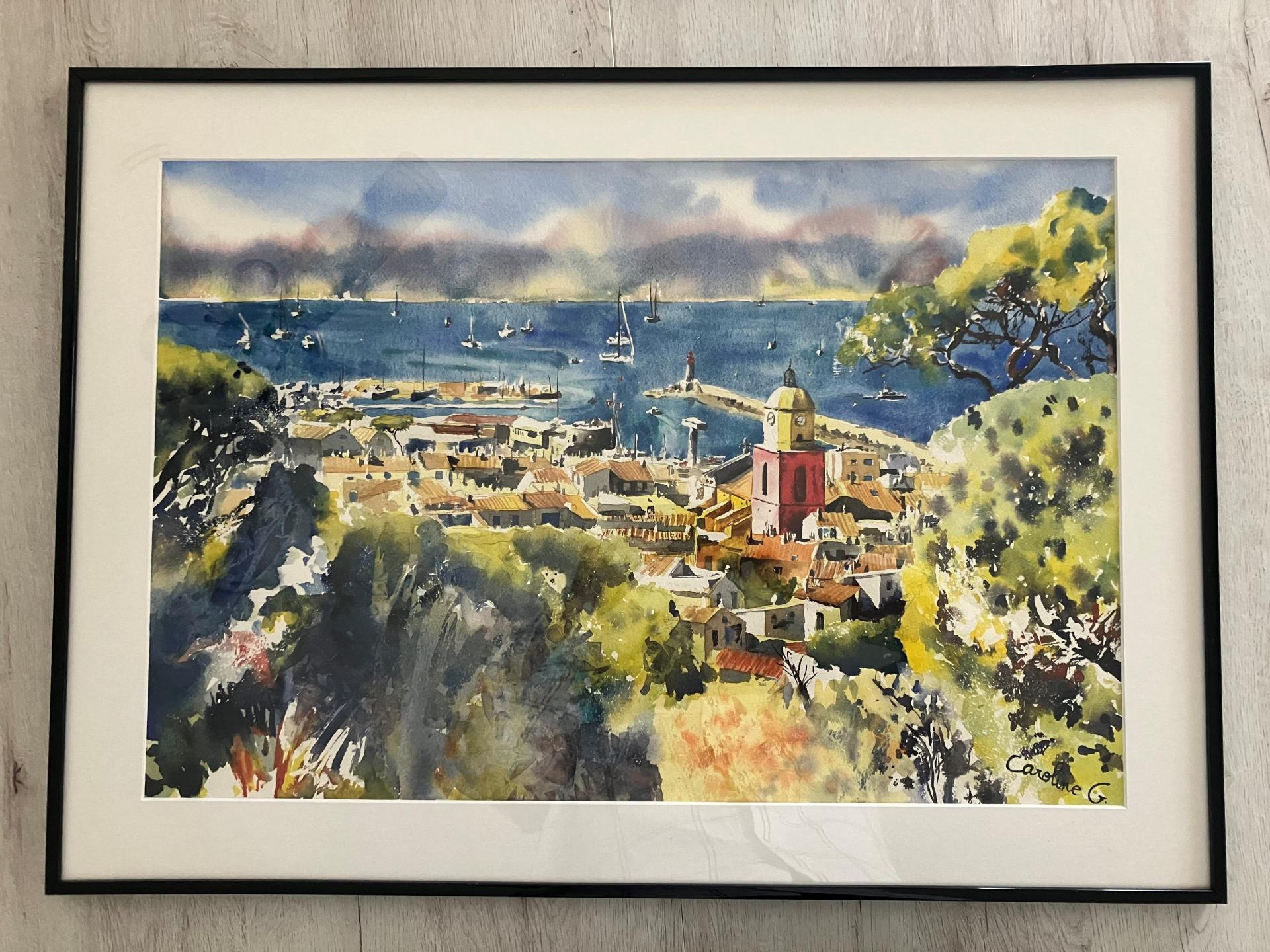 Exemple aquarelle format 46 x 61 cm en passe-partout 50 x 70 cm et en cadre noir 50 x 70 cm